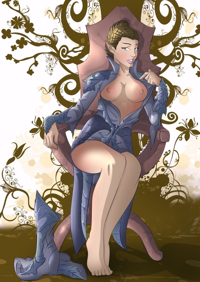 1girls areolae barefoot blue_eyes breasts breasts_out color dungeons_and_dragons elf elf_ears elf_female female female_only hotdesigns2 looking_at_viewer nipples sitting sitting_on_chair solo solo_female tagme