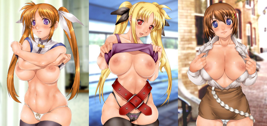 3girls areola_slip areolae blonde_hair blue_eyes breasts fate_testarossa female hayate_yagami highres huge_breasts human lyrical_nanoha mahou_shoujo_lyrical_nanoha multiple_girls nipples sakuradou takamachi_nanoha thighhighs topless wallpaper