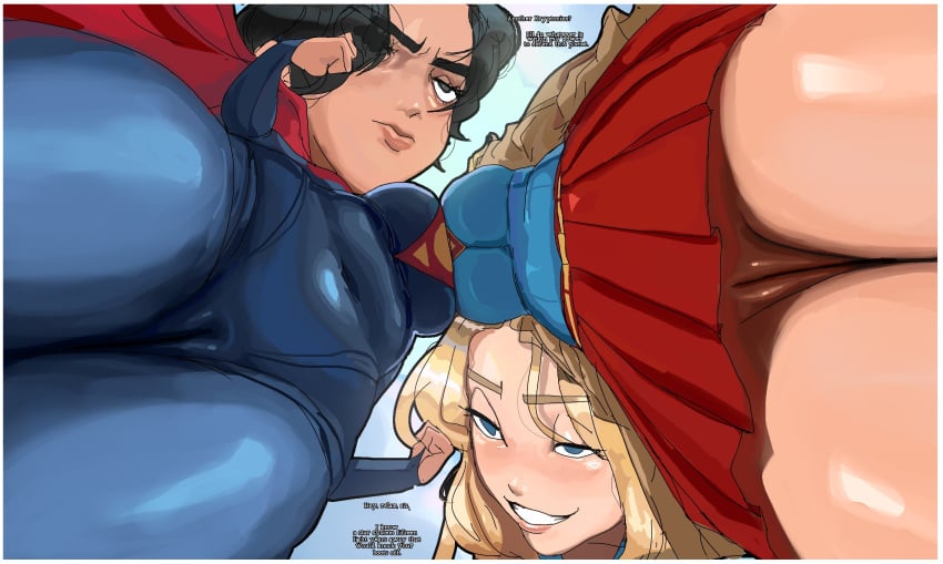 2girls alien alien_girl below below_view big_breasts blonde_hair breasts_pressed_together busty cameltoe dc dc_comics dolekat female female_only huge_breasts kryptonian large_breasts light_skin light_skinned_female no_panties pussy pussy_visible_through_clothes supergirl supergirl_(dcau) supergirl_(dcu) superhero_costume superheroine superman_(series) thick_thighs thighs under_view vagina