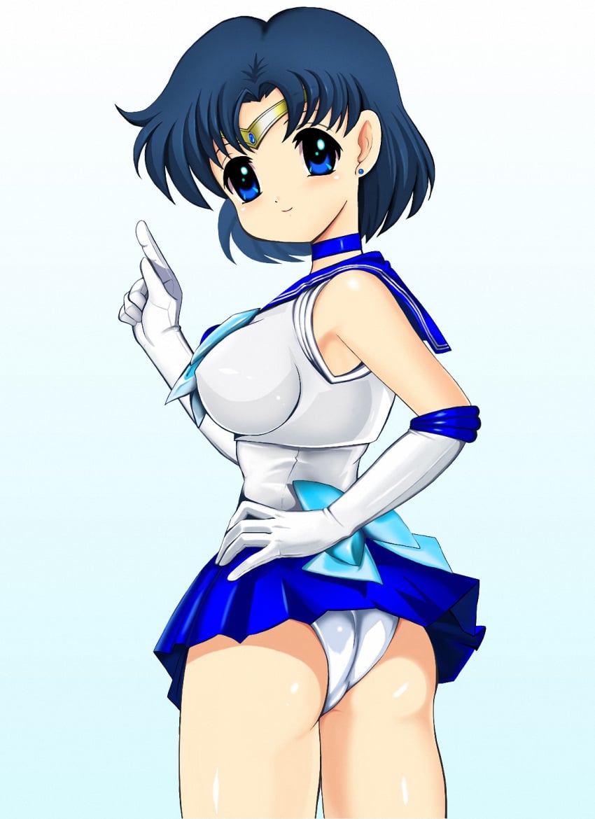 ami_mizuno ass bishoujo_senshi_sailor_moon blue_eyes blue_hair blush breasts choker clothing female female_only highres human large_breasts panties pirochi sailor_mercury short_hair skirt small_breasts smile solo straight_hair underwear