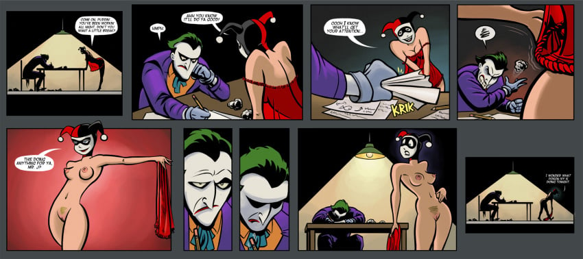 1boy 1girls annoyed babydoll batman:_the_animated_series batman_(series) breasts comic dc dc_comics dcau dialogue female harley_quinn harley_quinn_(classic) joker lingerie macabrodentist male nipples nude_female pubic_hair speech_bubble the_joker undressing