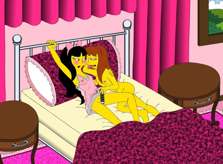 2girls allison_taylor bed black_hair blush brown_hair dildo female female_only human jessica_lovejoy mike4illyana multiple_females multiple_girls no_panties nude the_simpsons yuri