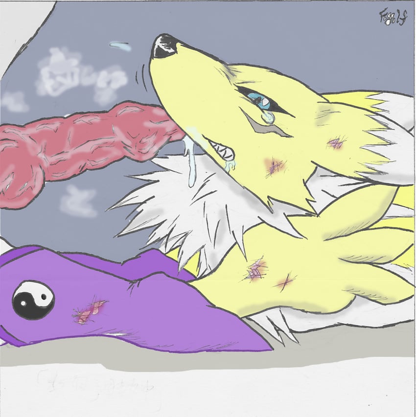 abrasion black_nose black_sclera color cum digimon female injury male penis renamon scratches side_view tagme wound