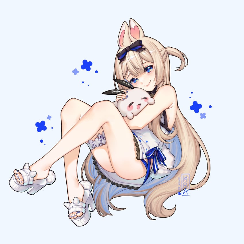 1girl rating:safe blue_eyes striped long_hair animal_ears dress toenail_polish smile striped_background sandals nail_polish very_long_hair stuffed_animal tail bow blue_nails hair_between_eyes full_body vertical_stripes white_dress bangs closed_mouth looking_at_viewer sitting eyebrows_visible_through_hair animal blue_dress solo hair_bow blush bare_shoulders white_footwear leg_garter pink_nails blonde_hair sleeveless blue_bow yenko vyugen