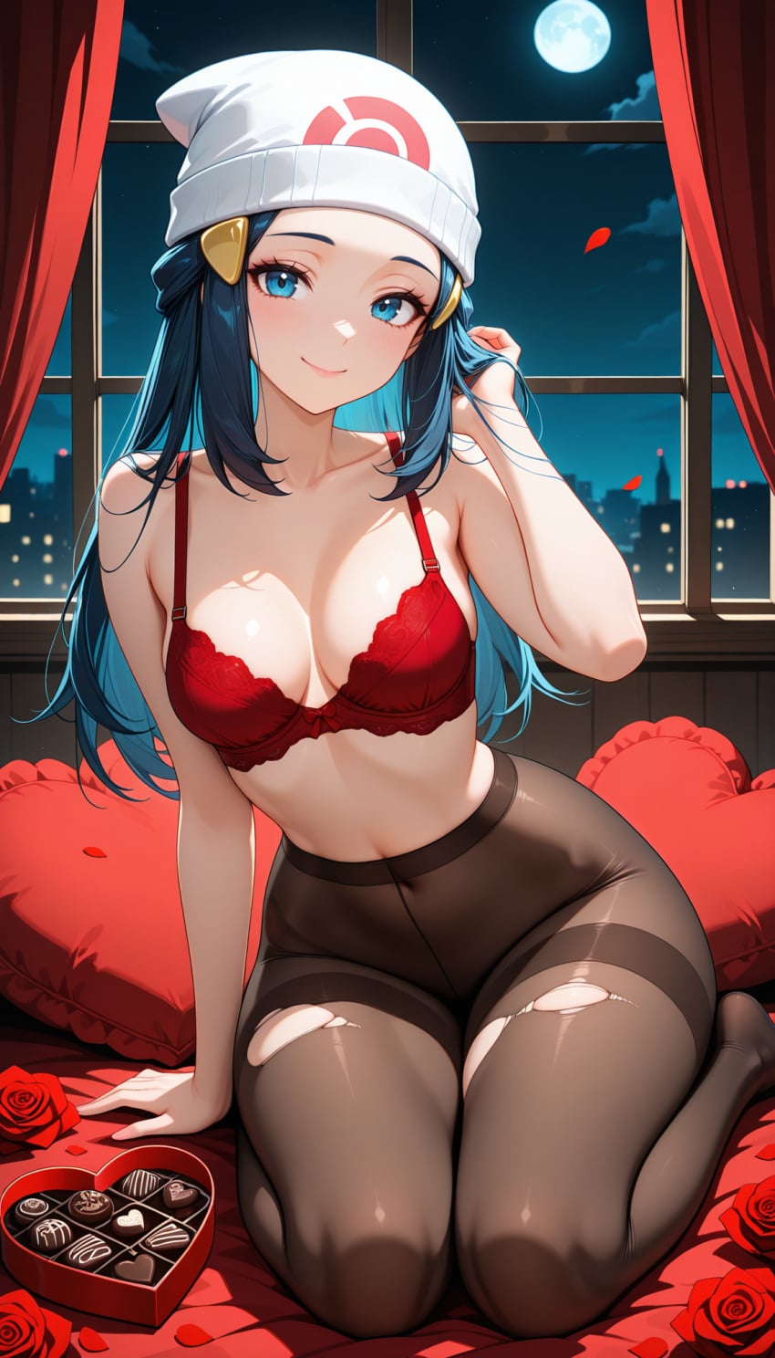 1girls 2026 ai_assisted ai_generated anime bed black_rose boobs breasts bust cloud curtains dawn_(pokemon) flower hat hi_res high_quality high_resolution highres indoors long_hair looking_at_viewer moonlight night night_sky on_bed open_window pantyhose patreon patreon_username petals pillow pink_rose pokemon purple_rose red_bra red_flower red_panties red_rose rose rose_petals sky skypassion smile stable_diffusion tits torn_clothes underwear watermark white_flower white_rose window