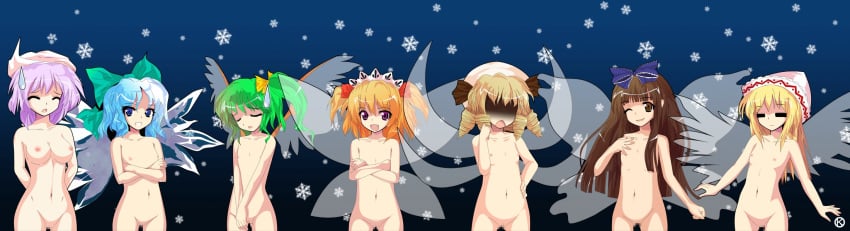 6+girls 7girls accurate_art_style artist_request blonde_hair blue_background blue_eyes blue_hair brown_eyes brown_hair censored censored_pussy cirno closed_eyes daiyousei eyes_open green_hair letty_whiterock lily_white lineup luna_child multiple_boys multiple_girls naked nervous no_panties purple_hair ribbon star_sapphire_(touhou) sunny_milk take_your_pick touhou wings