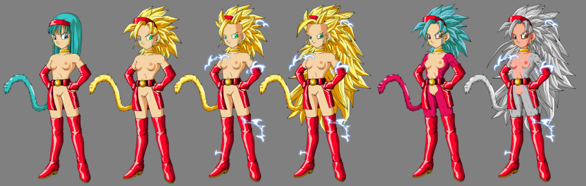 1girls aged_up blue_eyes blue_hair blue_tail boots bra_(dragon_ball) bra_briefs breasts dragon_ball dragon_ball_af dragon_ball_gt electricity female female_focus female_only gold gold_hair green_eyes hairband heel_boots high_heel_boots hoop_earrings nipples red_eyes red_eyeshadow red_fur red_hairband saiyan_tail silver_fur silver_hair silver_tail slim slim_waist solo solo_focus super_saiyan super_saiyan_2 super_saiyan_3 super_saiyan_4 super_saiyan_5 tail thigh_boots thighhigh_boots transformation yellow_eyes yellow_tail