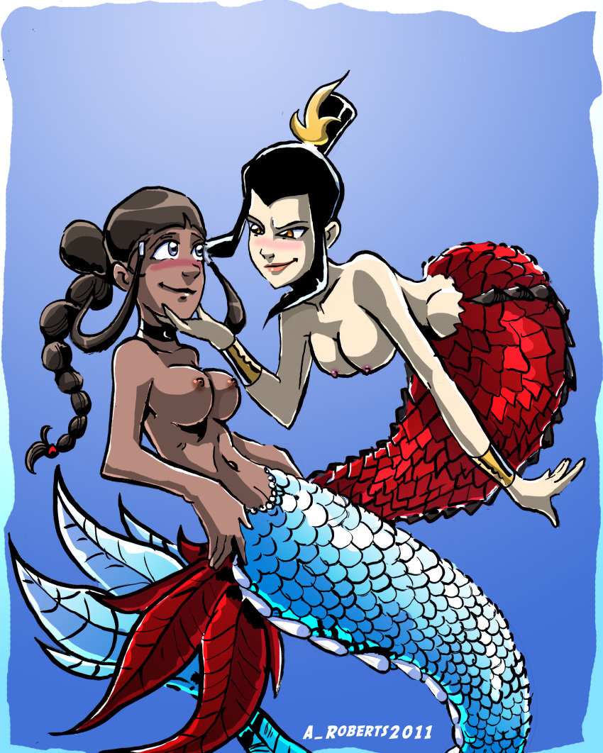 2girls a_roberts avatar_the_last_airbender azula blush chocolate_and_vanilla dark-skinned_female dark_skin female female_only interracial katara medium_breasts mermaid mermaid_tail multiple_females multiple_girls straight_hair tagme water yuri