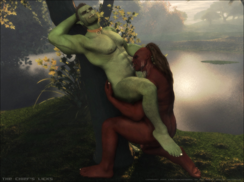 2boys 3d abs collar corwyn cum cumshot dark-skinned_male dark_skin erect_penis erection facial_hair foreskin gay green_skin hairy intact kneeling long_hair_male male male/male male_nipples male_only muscular_male navel_licking nude_male orc orc_male partially_retracted_foreskin pointy_ears red_skin scar topknot tusks uncut