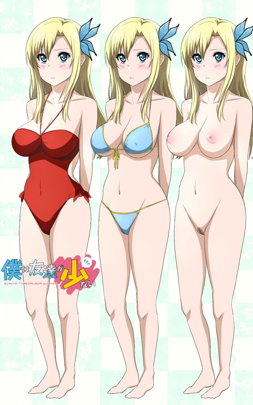 areola bikini blonde_hair blue_eyes blush boku_wa_tomodachi_ga_sukunai breasts busty butterfly butterfly_hair_ornament cleavage female hair_ornament human long_hair nipples nude one-piece_swimsuit pubic_hair pussy sena_kashiwazaki swimsuit tonotyama uncensored voluptuous