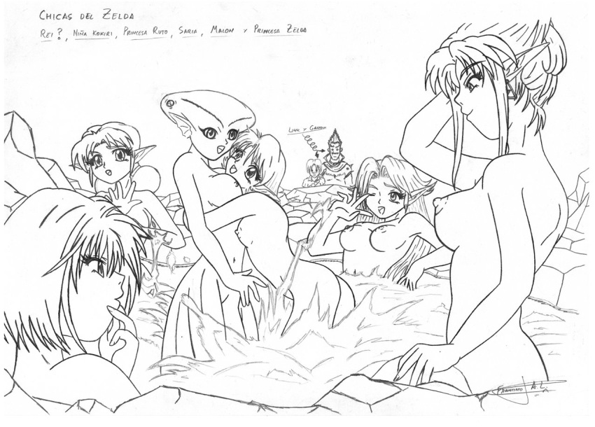 black_and_white crossover fado female fin fish_girl franarok ganondorf hot_spring kokiri link link_(ocarina_of_time) long_hair malon medium_breasts monochrome multi_eye multiple_girls neon_genesis_evangelion nintendo ocarina_of_time pointy_ears princess_ruto princess_zelda rei_ayanami saria short_hair small_breasts tagme the_legend_of_zelda voyeur water zelda_(ocarina_of_time) zora