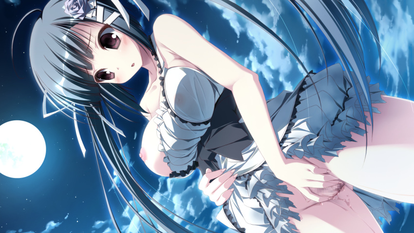 16:9 breast_slip dress dress_lift game_cg himawari_no_kyoukai_to_nagai_natsuyasumi inugami_kira masturbation one_breast_out