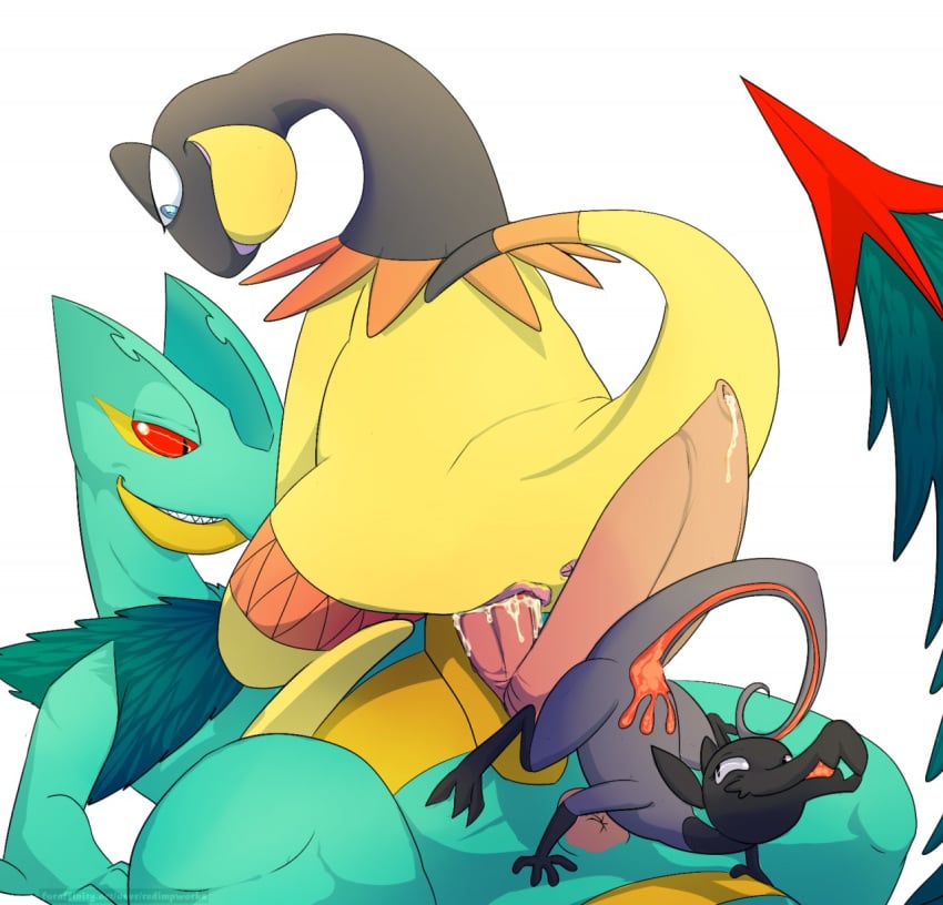 ambiguous_gender anthro anus cum cum_inside female furry group group_sex heliolisk male male/ambiguous nintendo penetration pokemon pokemon_(species) pussy redimpworks salandit sceptile sex simple_background straight threesome vaginal_penetration video_games