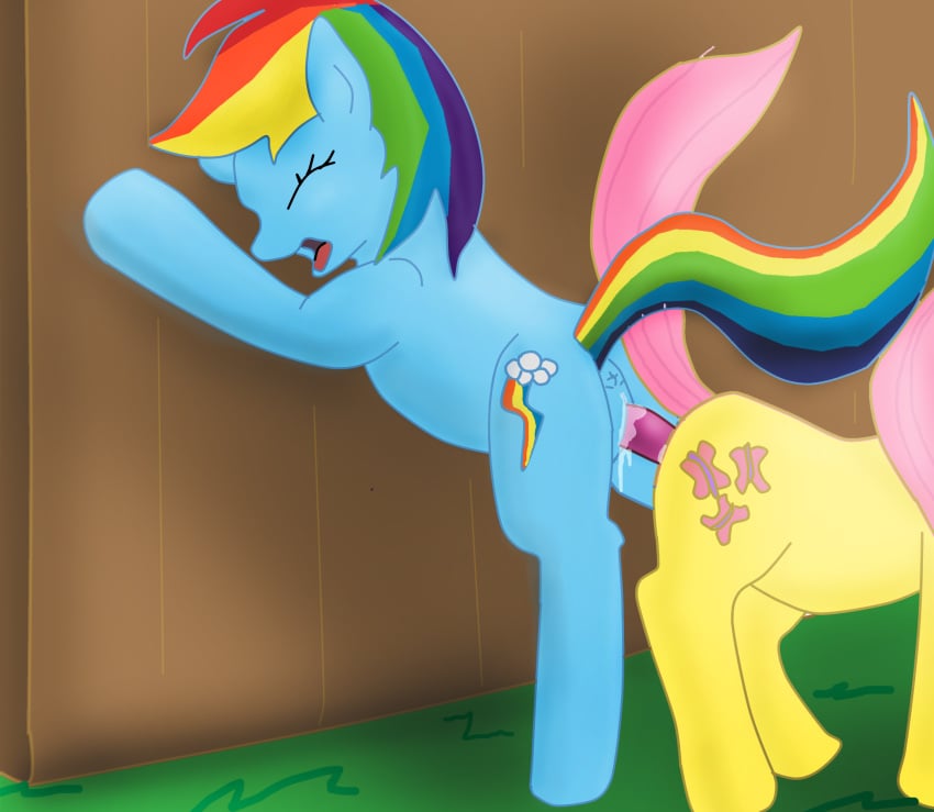 double_dildo feral fluttershy_(mlp) friendship_is_magic my_little_pony pink_hair rainbow_dash_(mlp) smooth_skin torinsangel yuri