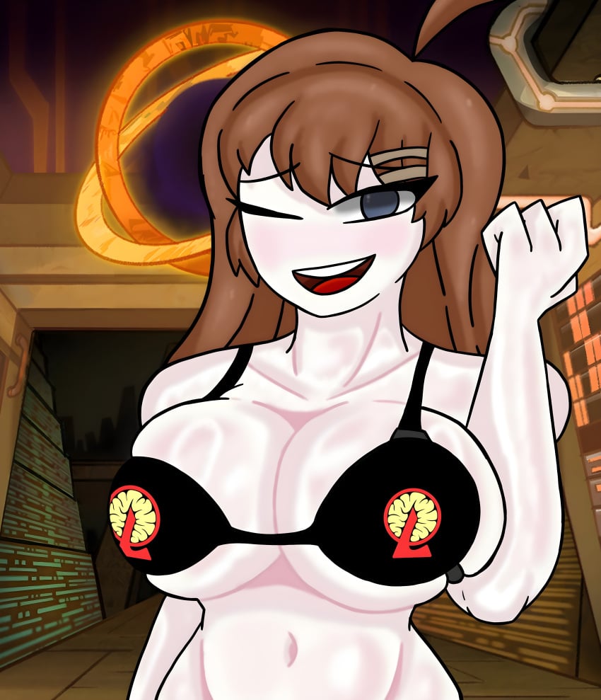 1girls antenna_hair artist_logo artist_name artist_signature big_breasts black_bra blue_eyes bra breasts female female_focus female_only hod_(lobotomy_corporation) its_archville lobotomy_corporation long_hair no_clothes no_clothing open_mouth orange_hair peach_skin project_moon teeth_showing tongue