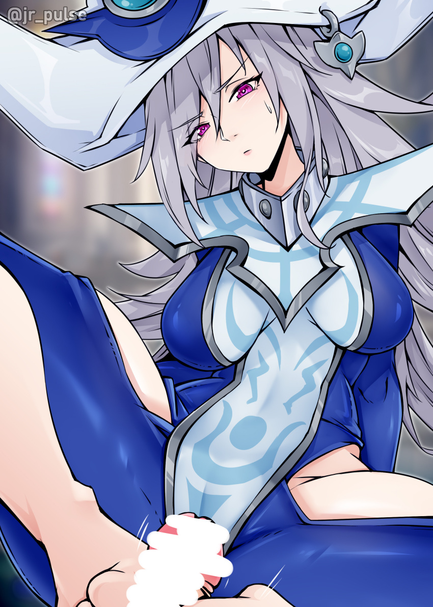 absurdres artist_name blue_dress breasts censored dress duel_monster female footjob grey_hair hat highres hip_vent jrpulse jrpulse long_hair looking_at_viewer penis purple_eyes silent_magician sweatdrop tabard two-footed_footjob white_hat white_tabard wizard_hat yu-gi-oh!