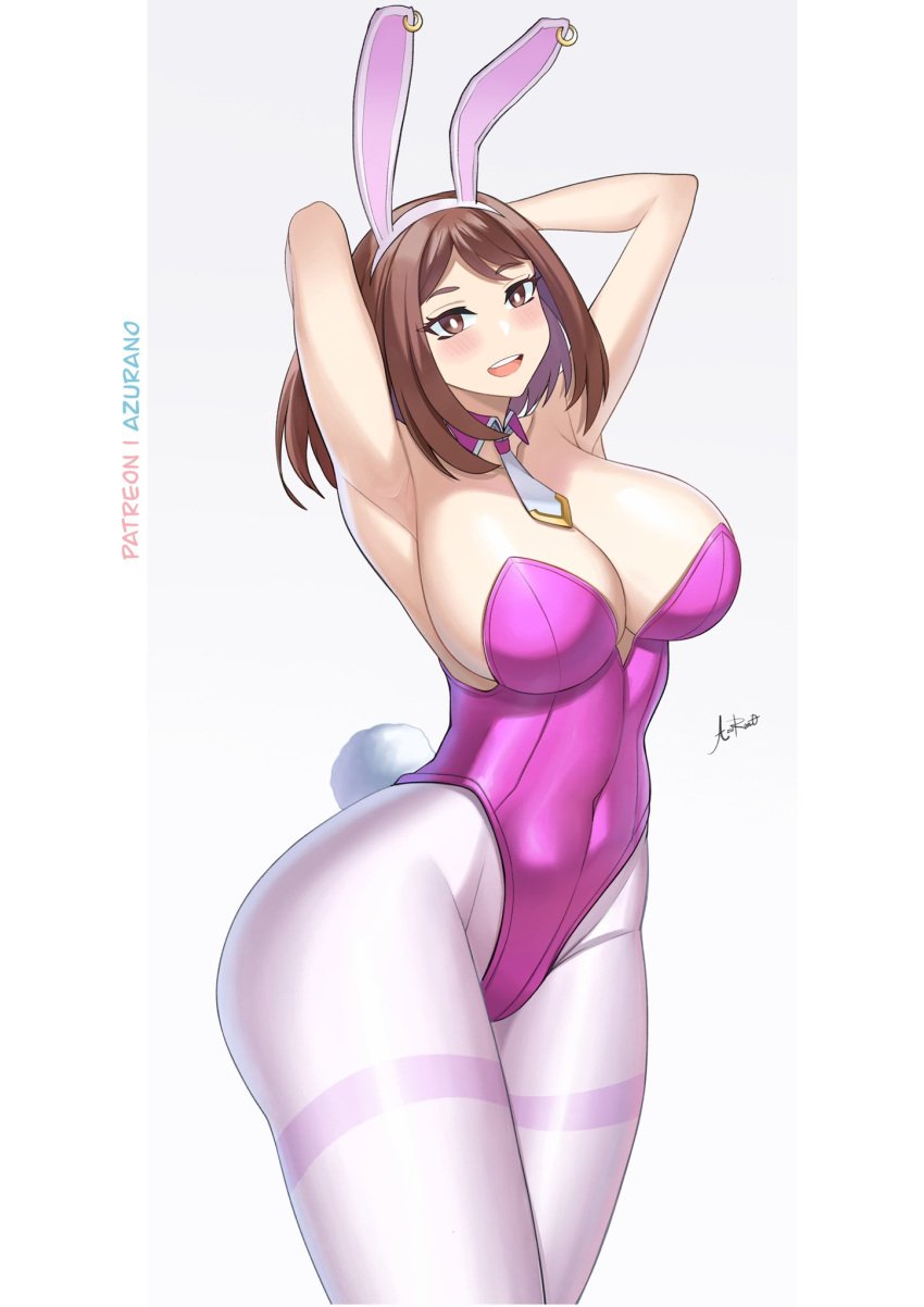 armpits arms_up azuran0 big_breasts bunny_ears bunny_tail bunnysuit my_hero_academia ochako_uraraka thick_thighs uraraka_ochako white_background