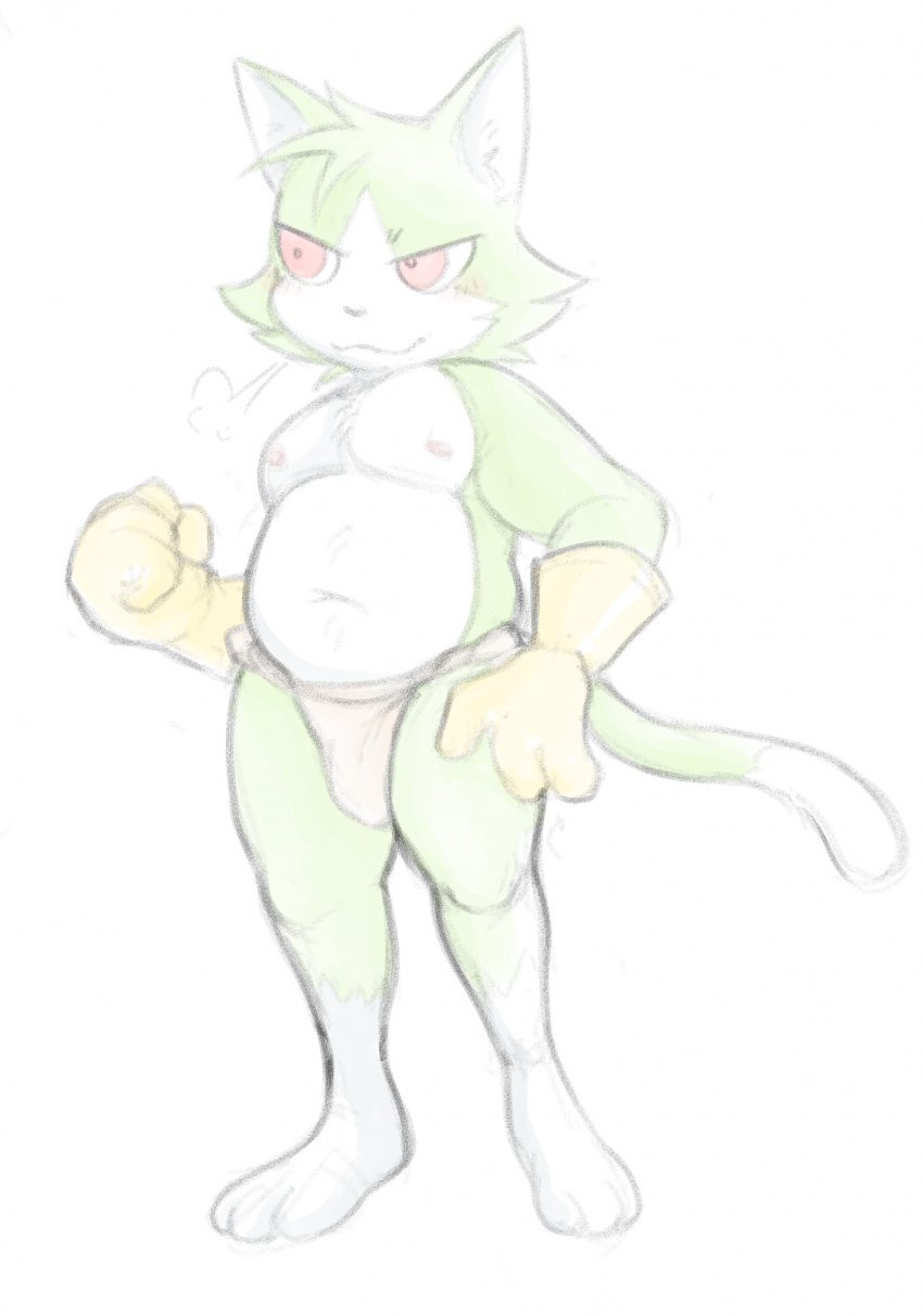 2023 4_fingers :3 anthro asian_clothing barefoot belly blush blush_lines breath brown_clothing brown_fundoshi brown_underwear bulge cafongterua cel_shading cheek_tuft chest_tuft closed_smile clothed clothing detailed_bulge digital_media_(artwork) dipstick_tail domestic_cat east_asian_clothing facial_tuft feet felid feline felis fingers fist full-length_portrait fundoshi fur genital_outline gloves green_body green_fur handwear hi_res inner_ear_fluff japanese_clothing leg_markings mammal markings mouth_closed multicolored_body multicolored_fur navel nipples pecs penis_outline pink_nipples portrait pupils red_eyes shaded simple_background slightly_chubby smile socks_(marking) solay_(cafongterua) solo standing tail tail_markings three-quarter_view toes topless tuft two_tone_body two_tone_fur underwear white_background white_body white_fur yellow_clothing yellow_gloves yellow_handwear