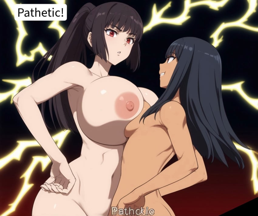 2girls accurate_art_style ai ai_generated angry areolae big_breasts black_hair breasts brown_eyes catfight cleavage clenched_teeth curvy english_text female female_focus female_only hayase_nagatoro light-skinned_female long_hair multiple_girls nipples nude nude_female please_don't_bully_me,_nagatoro ponytail president_(nagatoro) purple_hair red_eyes sana_sunomiya self_upload small_breasts tan tanned text text_bubble we2323e242 wide_hips