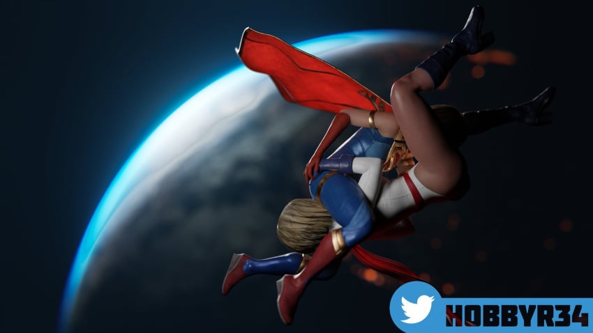 3d 3d_model 3d_render 69 69_position costume dc dc_comics earth female female_only floating flying hobbyr34 injustice_2 kara_danvers kara_zor-el karen_starr lesbian_sex power_girl power_girl_(injustice) power_girl_(injustice_2) space supergirl supergirl_(injustice) yuri