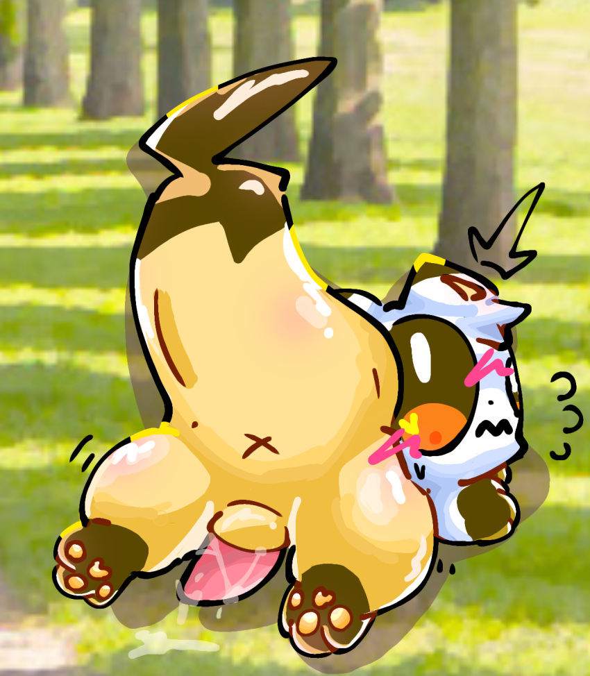 3_fingers 3_toes anal anus ass blush bodily_fluids brown_paws claws countershading craoluck dripping duo eggy_party featureless_crotch feet feral fingers fluffy fluffy_tail fur genital_fluids genitals grassland gulonine heart_eyes heart_symbol hi_res hindpaw long_tail looking_at_viewer looking_back male mammal marten mustelid musteline orange_eyes pawpads paws penis pink_penis plant presenting presenting_anus presenting_penis seductive tail toes tree yellow_body yellow_eyes yellow_fur yellow_inner_ear yellow_pawpads