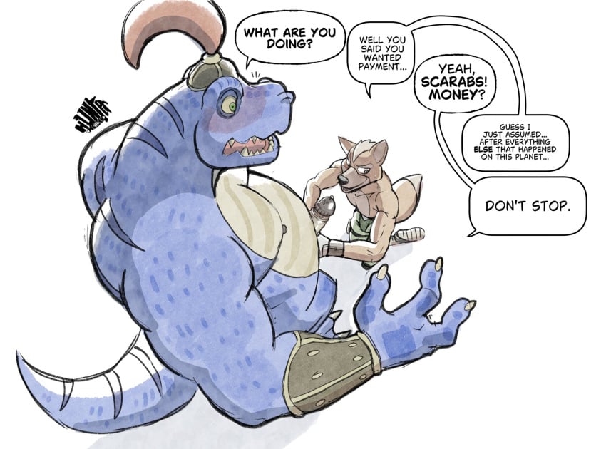 2025 anthro anthro_on_anthro armor belly biceps bird&#039;s-eye_view blush bodily_fluids boots bottomwear bracers canid canine claws clothed clothed/nude clothing dialogue dinosaur duo english_text erection eyebrows footwear fox fox_mccloud fur genital_fluids genitals glans gloves hair handjob handwear headgear helmet hi_res high-angle_view humanoid_genitalia humanoid_penis humor hunter-husky kneeling male male/male mammal moobs musclegut muscular muscular_anthro muscular_male nintendo nipples non-mammal_nipples nude open_mouth overweight overweight_anthro overweight_male pants penile penis precum prehistoric_species reptile restricted_palette scales scalie sex sharpclaw_(star_fox) shoes simple_background size_difference standing star_fox surprise_sex surprised_expression sweat text topless topless_anthro topless_male tuft watermark white_background