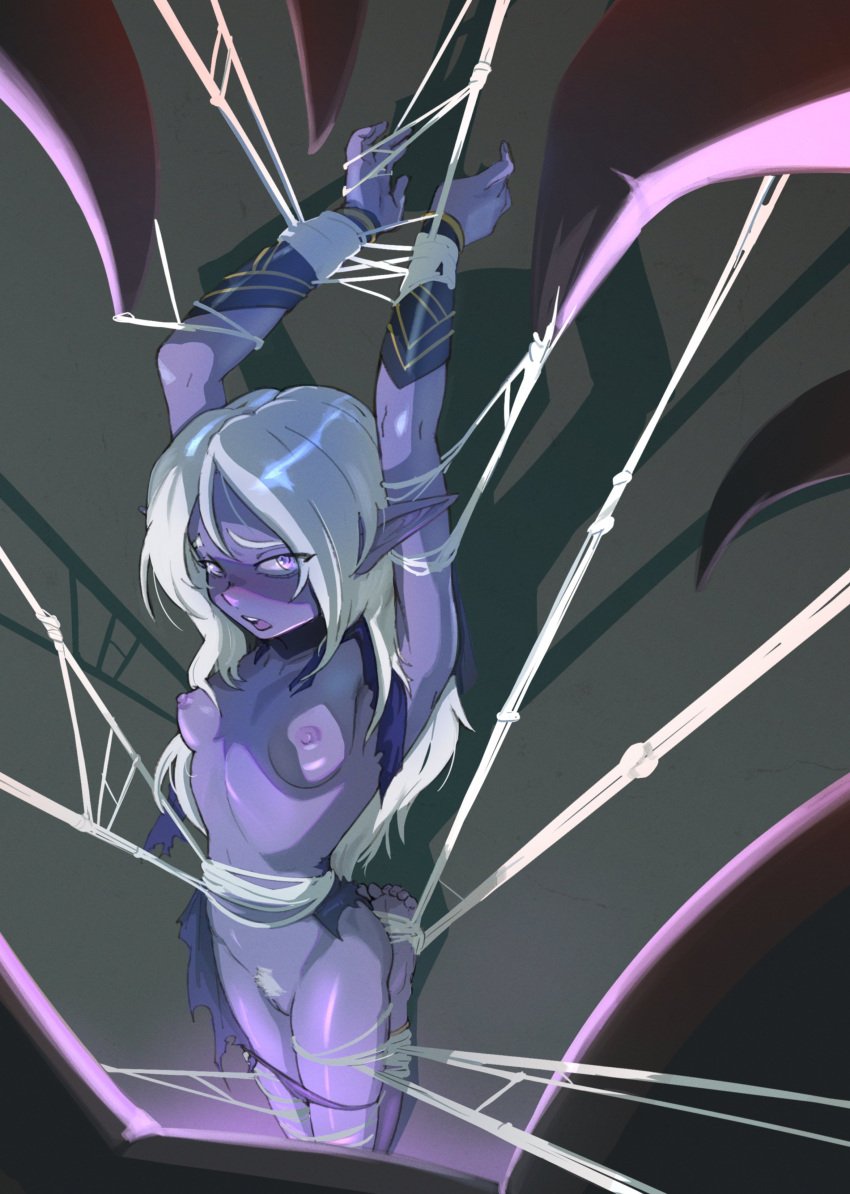 absurdres arms_up bracer breasts bug colored_skin commentary commission completely_nude dark_elf dungeons_&amp;_dragons elf english_commentary eyes_visible_through_hair female female_pubic_hair highres long_hair long_pointy_ears looking_at_viewer nipples nude open_mouth original panties panty_pull pointy_ears pov pubic_hair purple_eyes purple_panties purple_skin restrained silk small_breasts soapy_draws solo spider spider_web torn_clothes underwear white_hair white_pubic_hair