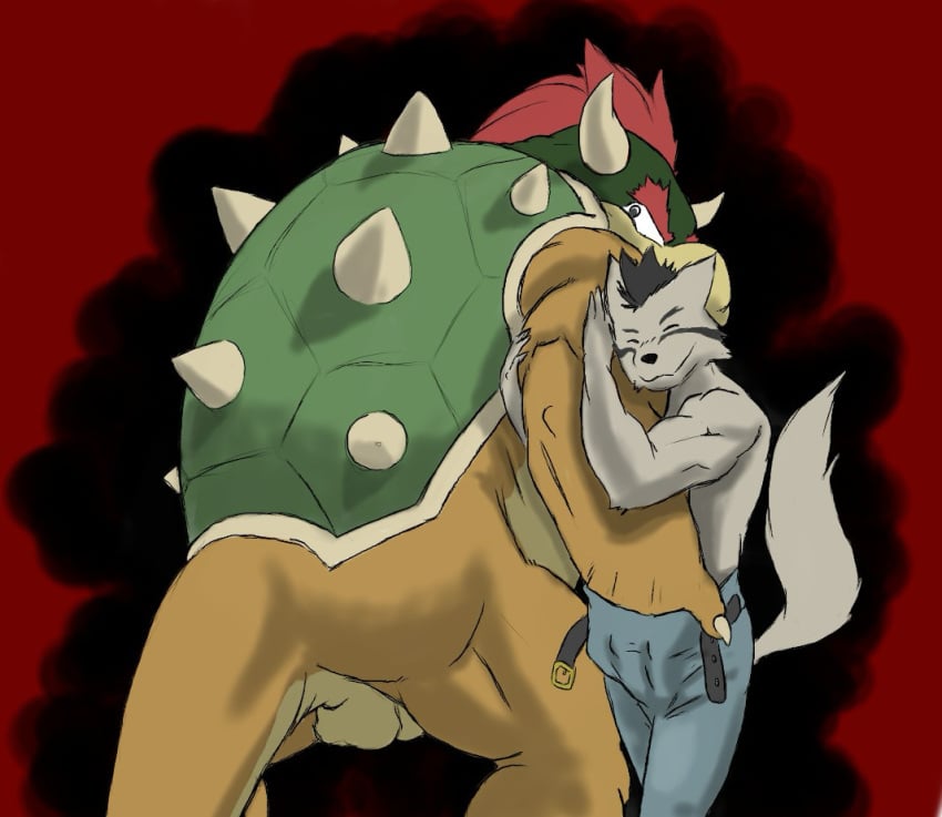 2boys anthro balls biceps big_muscles black_hair bowser canid canine canis clothing domestic_dog duo fur furry furry_male furry_only gay genitals grope hair hamsterinboxers horn husky koopa langdon_marston looking_at_viewer looking_back male male/male mammal mario_(series) muscular muscular_male nintendo nordic_sled_dog nude paws red_hair reptile scalie shell simple_background spiked_shell spikes spitz tail white_body yaoi