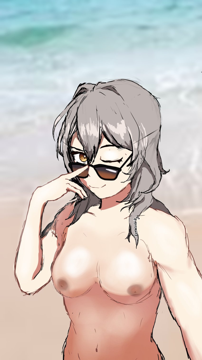 beach big_breasts cute exposed_breasts grey_hair honkai:_star_rail honkai_(series) hoyoverse nude nude_beach nudism nudist publi public public_nudity selfie selfie_pose stelle_(honkai:_star_rail) voyeur voyeurism yellow_eyes zenlesslilly