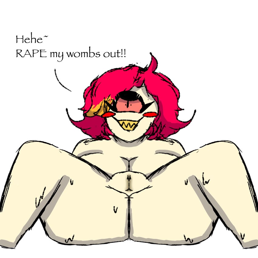1girls cyclops demon female grinning_at_viewer hazbin_hotel horny juicy_pussy niffty sinner spreading staring_at_viewer text thick_ass thick_thighs vivziepop waiting_for_sex