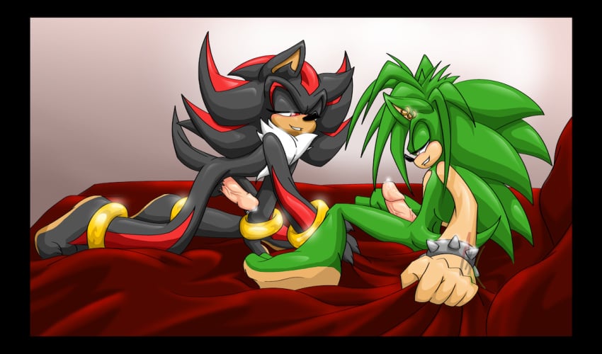 anthro bed biceps black blankets blue_hair chest_tuft claws ear_piercing fur furry hair hedgehog icandy male male_only manic_the_hedgehog multiple_males muscles no_humans nude penis piercing red_eyes sega sex shadow_the_hedgehog sonic_(series) sonic_underground yaoi