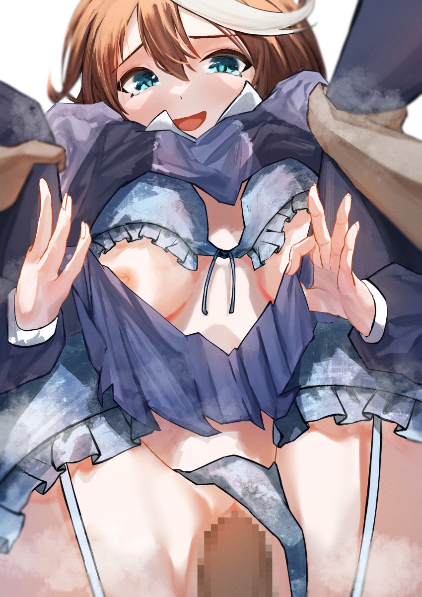 1boy absurdres blue_bra blue_panties blush bra breasts clothes_lift clothing_aside commentary_request erection female garter_straps hair_between_eyes highres holding_another&#039;s_legs horse_girl hykk7272 legs_up male medium_breasts missionary multicolored_hair nipples open_mouth panties panties_aside penis pleated_skirt pov pov_hands purple_serafuku purple_shirt purple_skirt purple_thighhighs school_uniform serafuku sex shirt shirt_lift skirt solo_focus straight streaked_hair thighhighs tokai_teio_(umamusume) tracen_school_uniform umamusume underwear vaginal_penetration white_hair winter_uniform