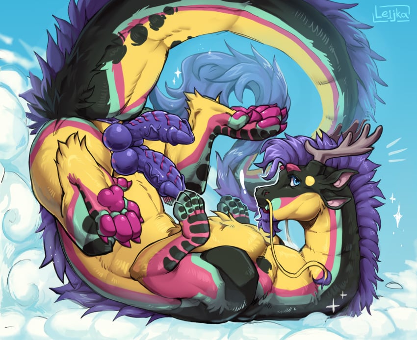 2_penises animal_genitalia anus black_body black_fur blue_body blue_fur diphallia diphallism dragon erection feral fur furred_dragon furred_scalie genital_slit genitals hi_res knot male mane multi_genitalia multi_penis mythological_creature mythological_scalie mythology pawpads penis pink_body pink_fur pink_pawpads purple_anus purple_body purple_fur purple_knot purple_mane purple_penis scalie solo sssmazkaa yellow_body yellow_fur