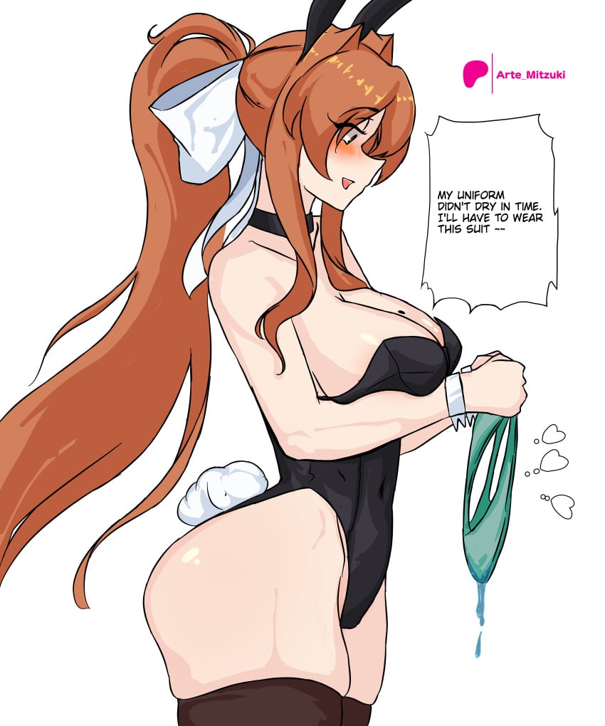 1girls arte_mitzuki artemitzuki_(artist) ass big_ass big_breasts big_butt blush breasts brown_hair bunny_ears bunny_ears_(cosmetic) bunny_ears_headband bunnysuit choker dialogue doki_doki_literature_club female hair hair_ribbon hairbow large_ass large_butt long_hair monika_(doki_doki_literature_club) solo text thick_thighs thighhighs thighs