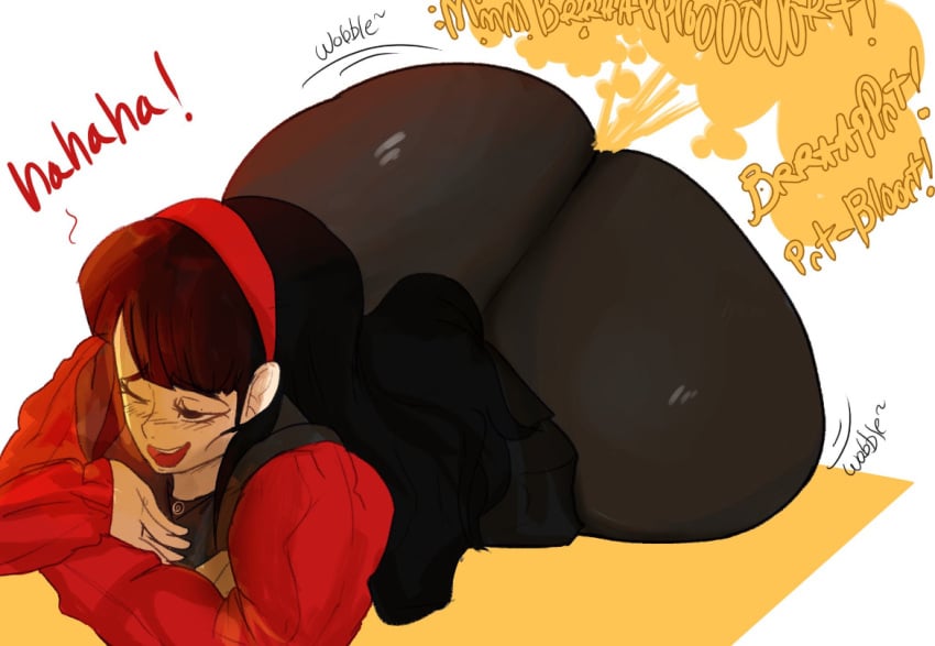 1girls amagi_yukiko ass ass_bigger_than_head atlus big_ass big_butt black_hair black_pantyhose butt comic fart fart_cloud fart_fetish farting fat_ass female female_focus hairband laughing laying_on_stomach melissaalli one_eye_closed open_mouth pantyhose persona persona_4 red_hairband smile solo solo_female stinky wide_hips