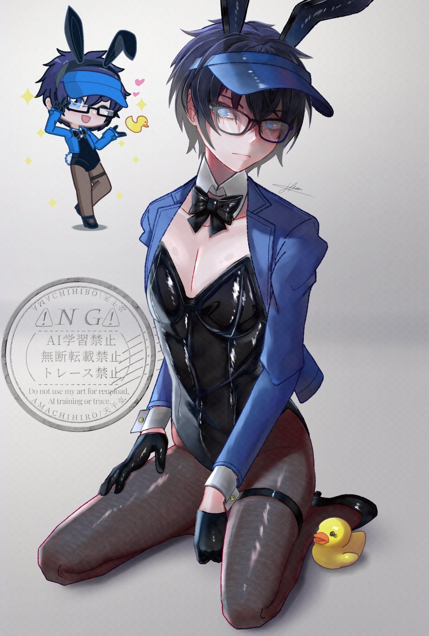 1boy 1male amachihiro_(artist) background black_hair black_high-heels black_high_heels blue_eyes blue_hair blue_jacket bodysuit boy bunny_boy bunny_costume bunny_ears bunnysuit duck femboy femboy_only feminine_body feminine_male feminine_pose feminized_male gacha gacha_art gacha_life gacha_life_2 glasses high_heels jacket latex light-skinned_male light_skin looking_at_viewer luni_(lunime) lunime male male_only serious serious_face short_hair simple_background simple_shading sitting solo solo_focus solo_male stockings stockings_only stockings_thigh_highs twink visor