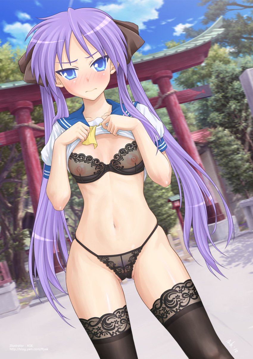 black_bra black_legwear black_panties blue_eyes blue_sky blush bra breasts clitoris cloud collarbone embarrassed female female_only ffyak frown hair_ribbon highres hips human kagami_hiiragi legwear lingerie long_hair looking_at_viewer lucky_star midriff mound_of_venus navel nipples no_pants outdoors panties pubic_hair purple_hair ribbon school_uniform see-through serafuku shirt_lift shrine skindentation sky solo standing thigh_gap thighhighs thighs tied_hair torii tree tsurime twintails underwear