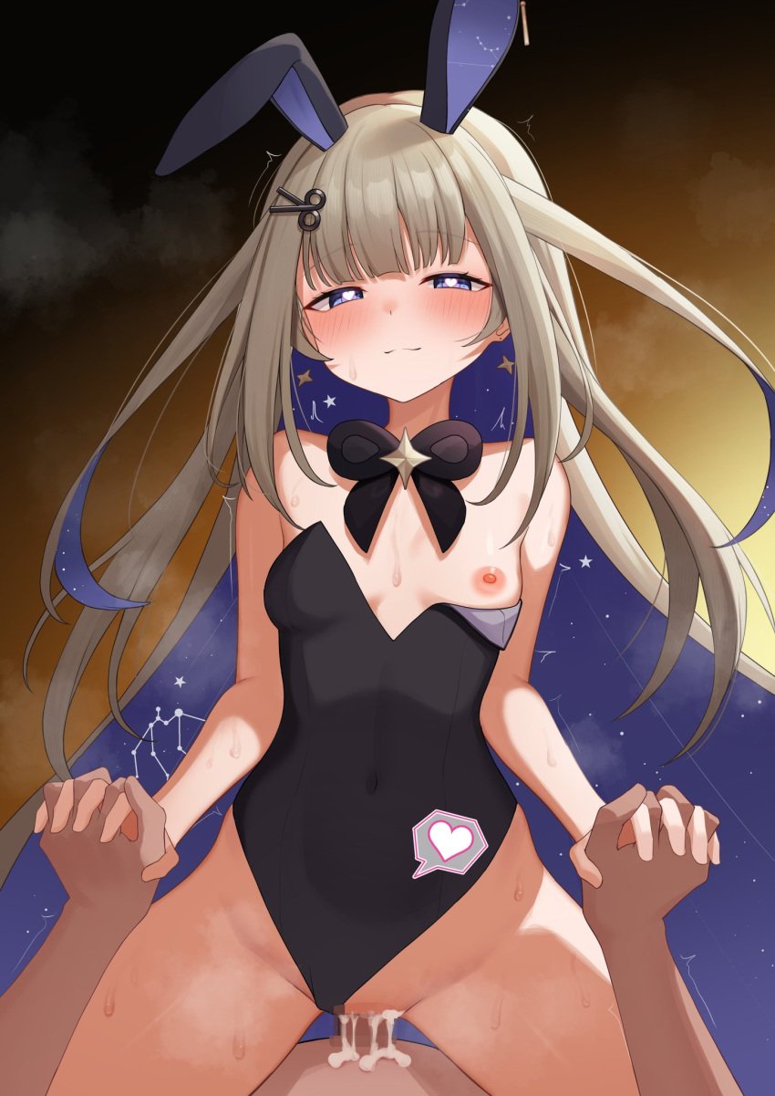 1boy absurdly_long_hair after_vaginal amanogawa_shiina animal_ears black_bow black_bowtie black_leotard blonde_hair blue_eyes blush bow bowtie breasts censored clothed_sex clothing_aside colored_inner_hair commission covered_navel cowgirl_position cum cum_in_pussy cum_on_body cum_overflow earrings emoto_shikeko female happy_sex heart heart-shaped_pupils highleg highleg_leotard highres holding_hands interlocked_fingers jewelry leotard leotard_aside leotard_pull long_hair looking_at_viewer male mosaic_censoring motion_lines multicolored_hair nipples one_breast_out penis phase_connect playboy_bunny pov purple_hair pussy rabbit_ears scissors_hair_ornament second-party_source sex small_breasts solo_focus star_(symbol) star_earrings starry_hair straddling straight strapless strapless_leotard sweat symbol-shaped_pupils vaginal_penetration very_long_hair virtual_youtuber