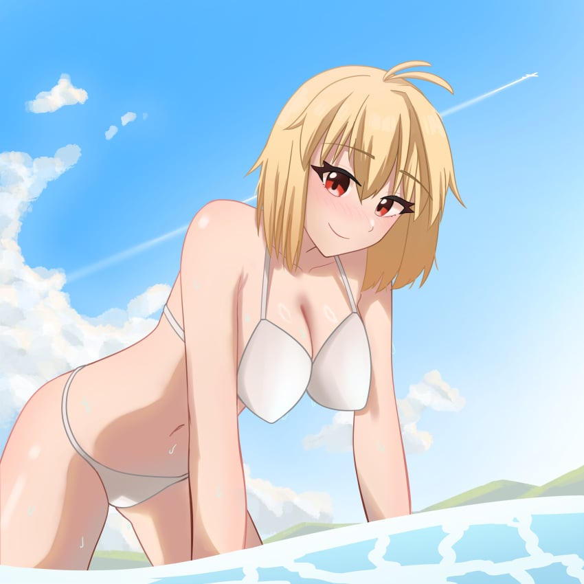 1girls absurdres ahoge arcueid_brunestud artist_request big_breasts bikini blonde_hair breasts cleavage cloud enormous_breasts female huge_breasts large_breasts leaning_forward open_mouth presenting_breasts red_eyes short_hair simple_background swimsuit thick_thighs thighs top_heavy tsukihime white_background white_bikini wide_hips