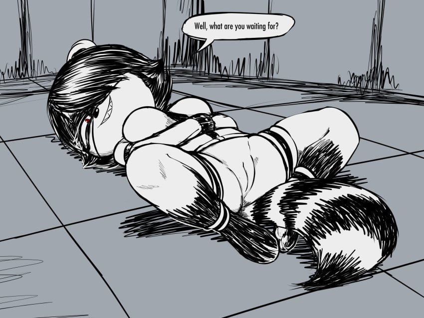 absurd_res anthro ass barefoot bottomless bottomless_female breasts butt_from_the_front cerise_(e254e) clothed clothing e254e feet female genitals grin hair helpless hi_res imminent_sex inviting_to_sex looking_at_viewer lying mammal markings on_back padded_room pawpads procyonid pussy question raccoon red_eyes restraints ring_(marking) ringed_tail shadow short_hair smile solo spread_legs spreading straitjacket striped_markings striped_tail stripes tail tail_markings talking_to_viewer text
