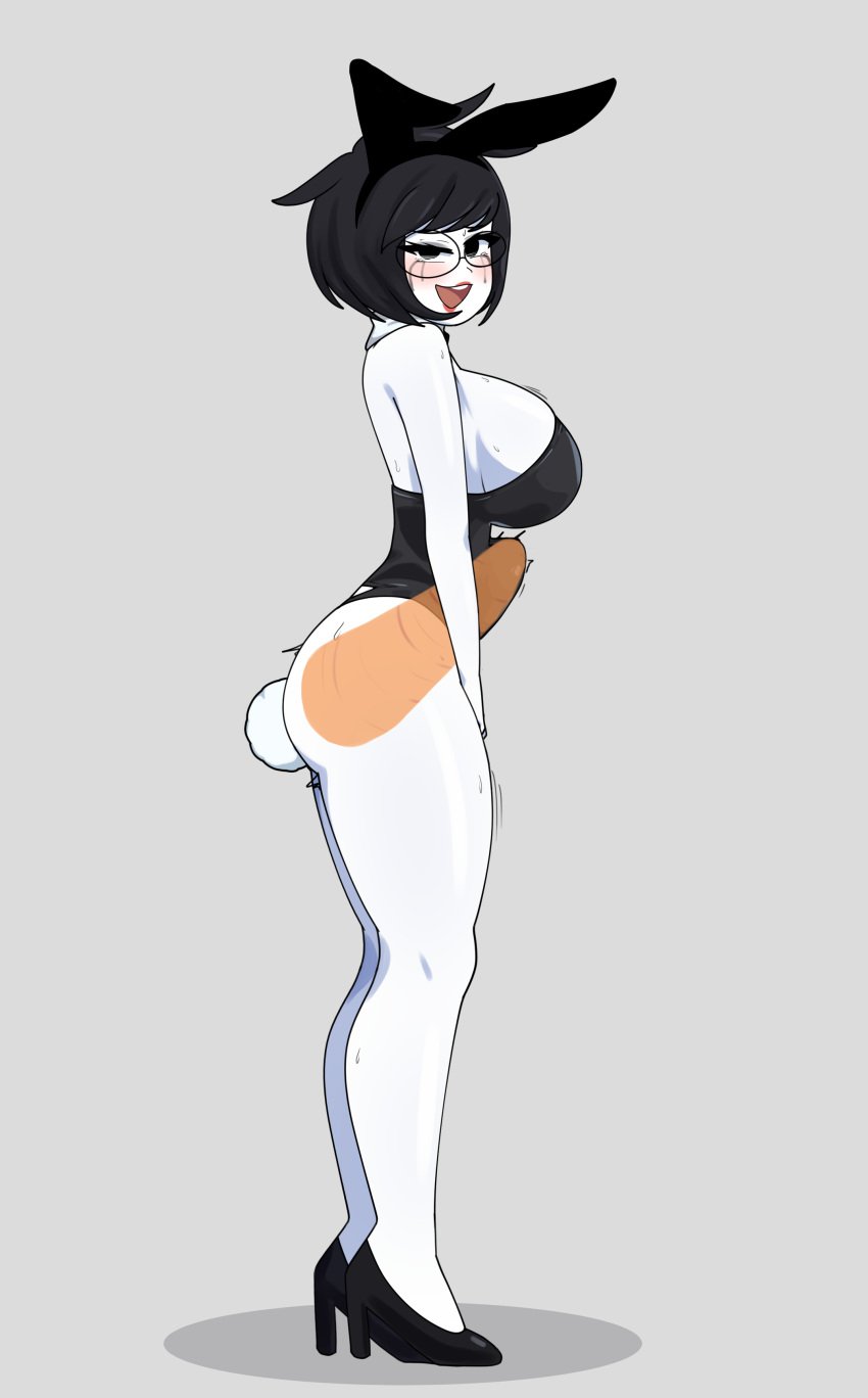 black_hair bunnysuit carrot glasses homestuck jane_crocker lipstick phasmomo plug_(sex_toy) stomach_bulge tears x-ray