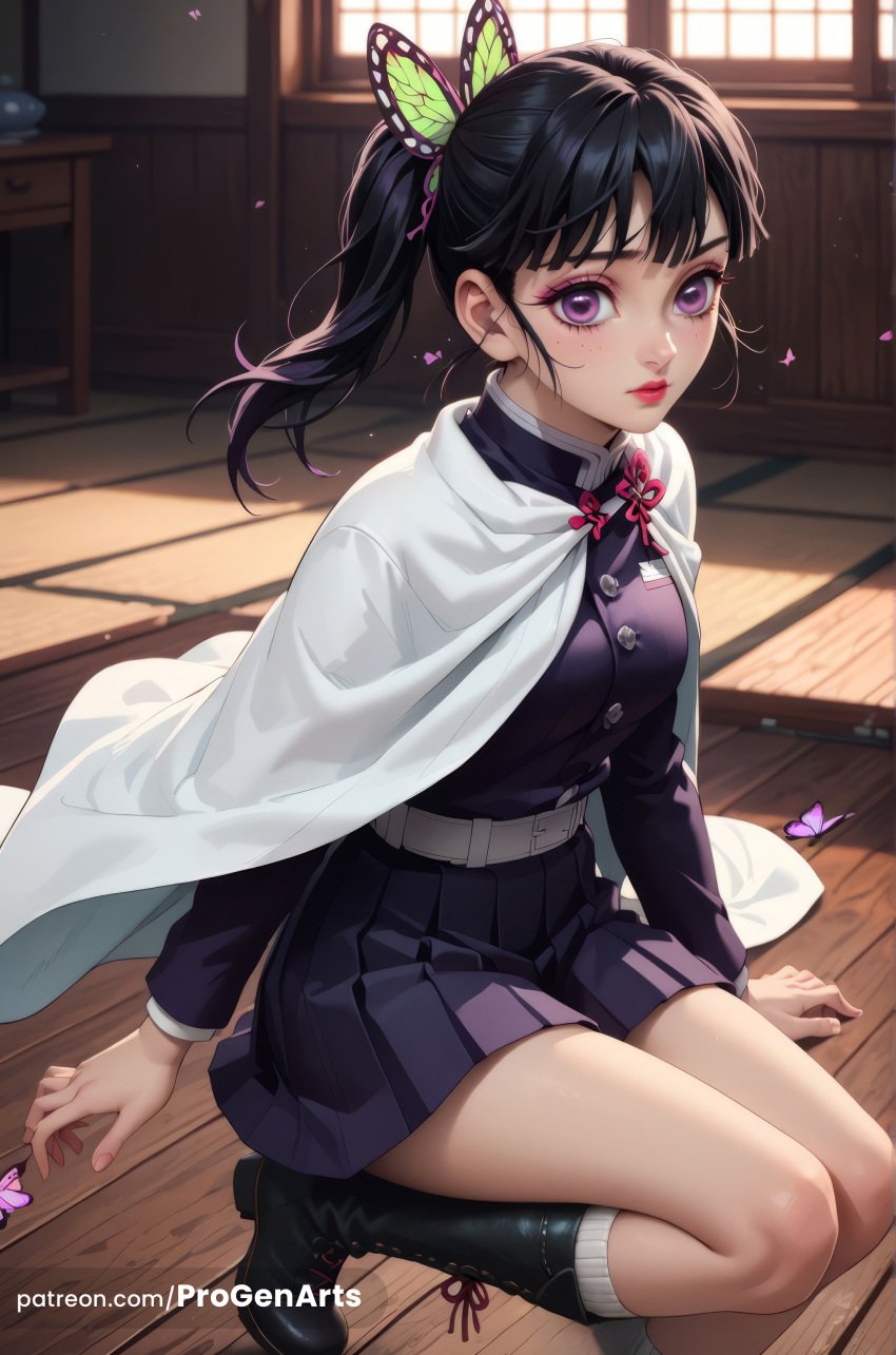 1girls ai_generated belt black_hair black_skirt boots breasts bug butterfly butterfly_hair_ornament cape closed_mouth cross-laced_footwear demon_slayer demon_slayer_uniform female hair_ornament hi_res indoors jacket katana kimetsu_no_yaiba knee_boots lace-up_boots lips long_hair long_sleeves looking_at_viewer medium_breasts patreon_username pleated_skirt progenarts purple_eyes side_ponytail sitting skirt solo sword thighs tsuyuri_kanao weapon web_address white_belt white_cape