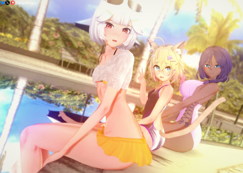 animal_ears ass beach_chair beach_umbrella bikini blonde_hair blue_eyes braid braided_ponytail breasts catgirl cha_cha_(vtuber) clothed_female clothing curvy dark-skinned_female ellie_minibot eyewear_on_head feet flat_chest frilled_bikini glasses height_difference hispanic indie_virtual_youtuber large_ass large_breasts latina latina_milf legs looking_at_viewer massive_breasts messy_hair milf minikomew mommmy mother one-piece_swimsuit open_mouth pale-skinned_female palm_tree pool poolside purple_hair red_eyes reflection robot_girl short_hair skinny small_breasts smaller_female smile spamkaju sunglasses swimsuit taller_female thick thighs v virtual_youtuber voluptuous vtuber water wet white_hair yellow_bikini