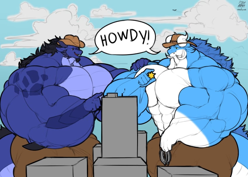 2025 anthro beard big_bulge big_muscles big_pecs black_hair blue_body blue_hair blue_horn bottomwear brown_bottomwear brown_clothing brown_hats brown_pants bulge clothing cloud countershading day dragon duo english_text european_mythology eye_contact facial_hair furgonomics gesture hair hand_gesture hand_on_another hi_res horn huge_bulge huge_muscles hyper hyper_bulge hyper_muscles looking_at_another macro male marvolk muscular mythological_creature mythological_scalie mythology pants pecs pointing pointing_at_another scalie sheriff_badge sky speech_bubble text western_dragon white_body white_countershading white_horn