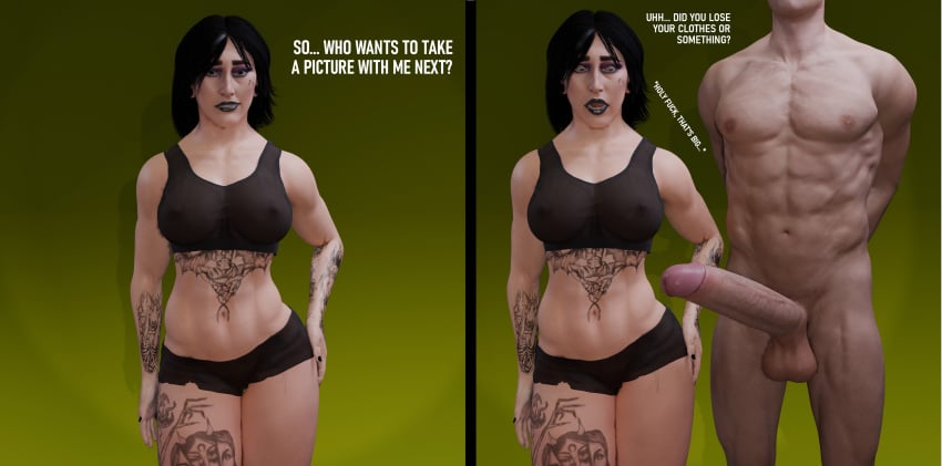 1boy 1girls 2_panel_comic 2koma 3d 3d_(artwork) black_hair black_lipstick blender celebrity clothed_female_nude_male cock_shock comic comic_page english_text female goth goth_girl huge_penis jusescrust18 light-skinned_female light-skinned_male light_skin looking_at_penis male nipple_bulge penis_awe presenting presenting_penis real_person rhea_ripley self_upload shocked shocked_expression shocked_eyes shocked_look straight text unseen_male_face wwe