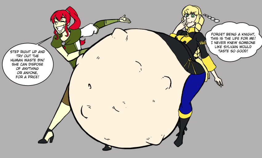 alternate_version_available anna_(fire_emblem) anna_(fire_emblem:_three_houses) dialogue dialogue_bubble english_text fire_emblem fire_emblem:_three_houses gigantic_belly ingrid_brandl_galatea newstuff4u nintendo sales_pitch smile speech_bubble stomach_bulge stomach_deformation stuffing vore