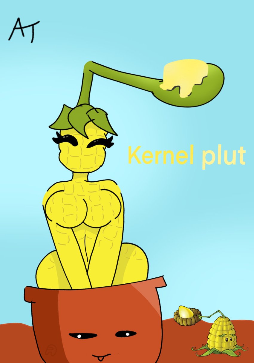 aar0n2 artist_request female flower-pot_(pvz) flower_pot kernel-pult_(pvz) plant_girl plants_vs_zombies round_breasts