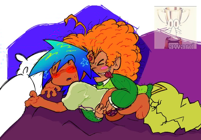 2boys bed boyfriend_(friday_night_funkin) closed_eyes cuddling curly_hair cyan_hair digital_drawing_(artwork) duo friday_night_funkin gay ginger ginger_hair half-dressed hand_on_crotch heart_boxers lying_on_bed male male_focus male_only pico's_school pico_(newgrounds) sfw simple_background simple_coloring simple_shading smile spoon_position spooning surprised sweat sweatdrop tongue_out wide_eyed yaoi