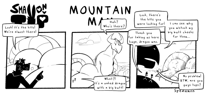 3boys anthro big_ass big_butt comic dialogue dragon english_text gay giant giant_ass giant_male hills humor landscape larger_male male male/male male_only misunderstanding mountain muscular nude outdoors size_difference small_dom_big_sub smaller_male spedumon text valley