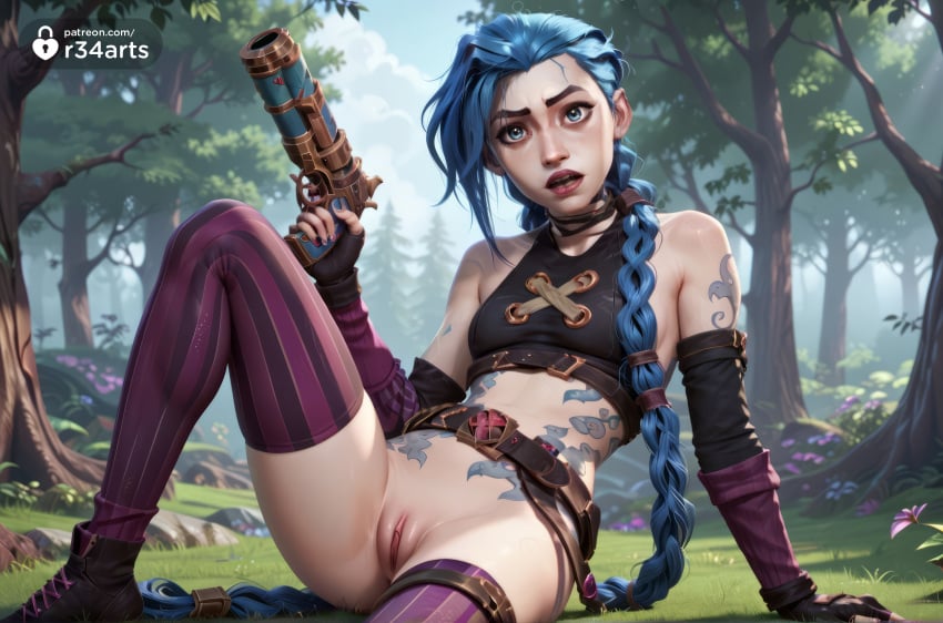 1girls ai_generated arcane artist_name bare_shoulders belt blue_eyes blue_hair bottomless braid breasts crop_top day female fingerless_gloves forest gloves grass gun hi_res holding holding_gun holding_weapon jinx_(league_of_legends) knee_up league_of_legends long_hair looking_at_viewer nail_polish nature netflix outdoors pink_thighhighs pussy r34arts riot_games sitting small_breasts solo stomach_tattoo striped_clothes striped_thighhighs tattoo thighhighs tree twin_braids uncensored very_long_hair weapon